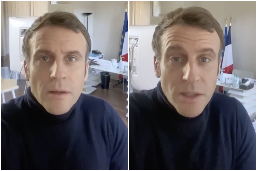 法國總統馬克宏確診新冠肺炎，透過推特自拍影片說明現況。（翻攝自馬克宏推特）