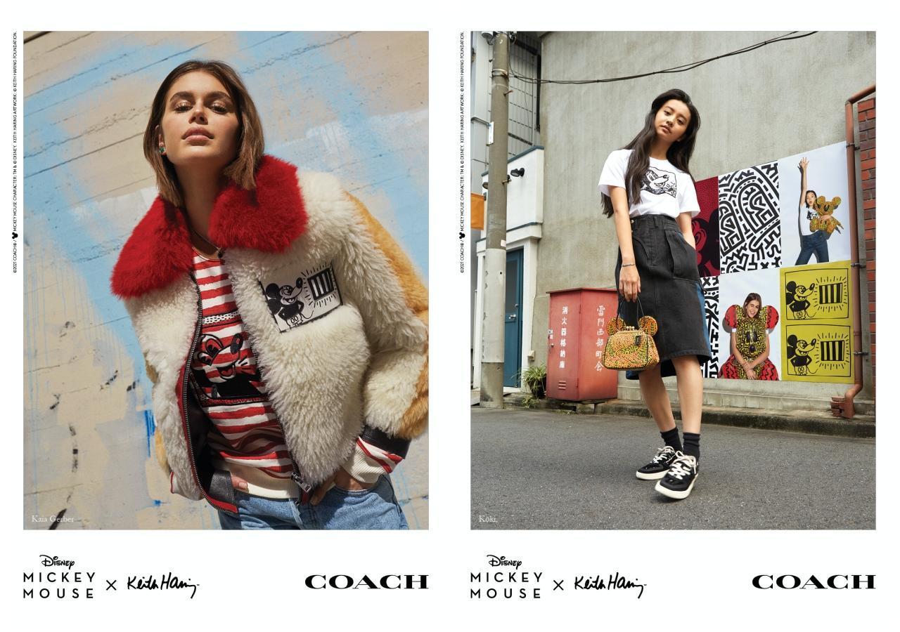 Kaia Gerber(左圖)、Kōki木村光希(右圖)分別演繹Disney Mickey Mouse x Keith Haring聯名系列形象廣告。(COACH提供)