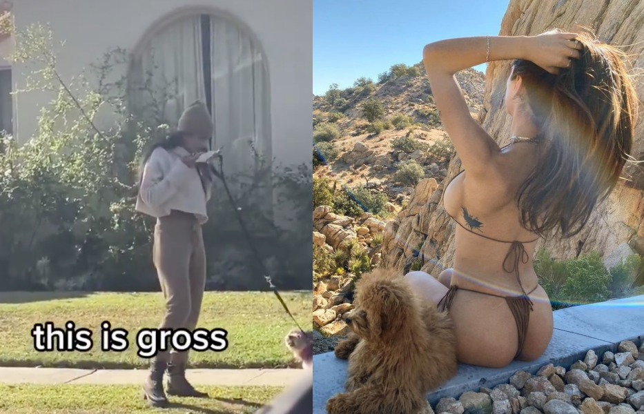 前成人片女星米雅卡莉法遛狗，竟將包過狗屎的口罩翻面再戴回臉上。（網路圖片）