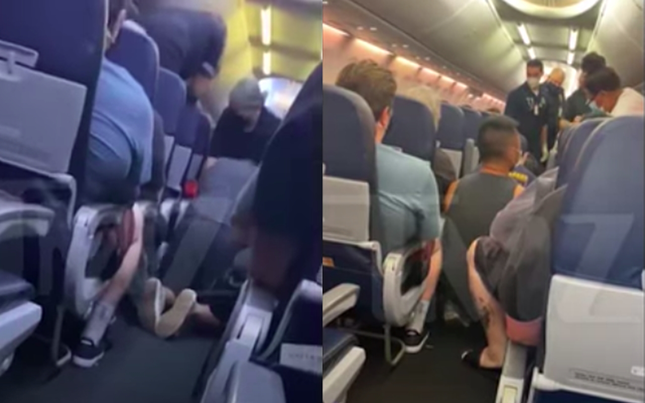 美國聯合航空本月14日有名男乘客突然在機上猝死,救援畫面曝光。(翻攝TMZ網站)