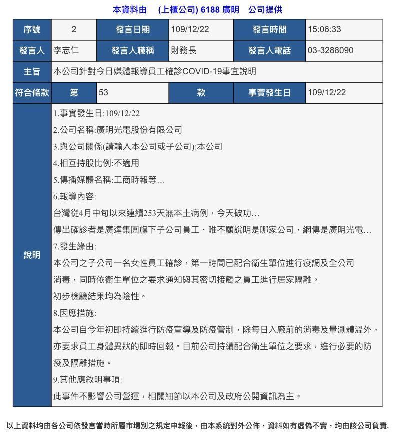 廣明針對員工染疫傳聞發發布重訊聲明，並強調不影響公司營運。（廣明提供）