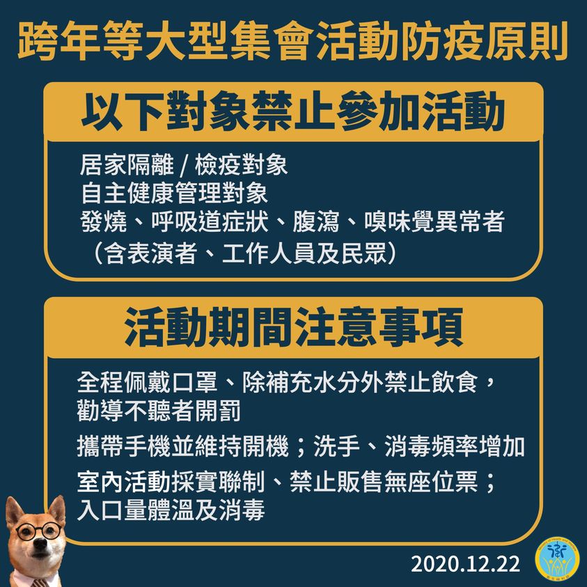 疫情指揮中心公布跨年活動防疫注意事項。（衛福部提供）