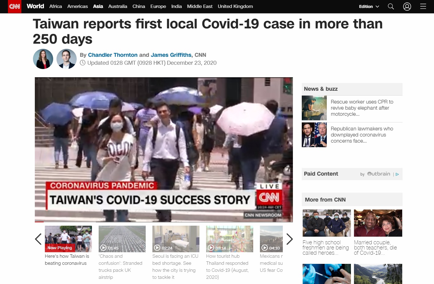 《CNN》報導台灣相隔253天再度出現本土感染案例。（翻攝《CNN》網頁）
