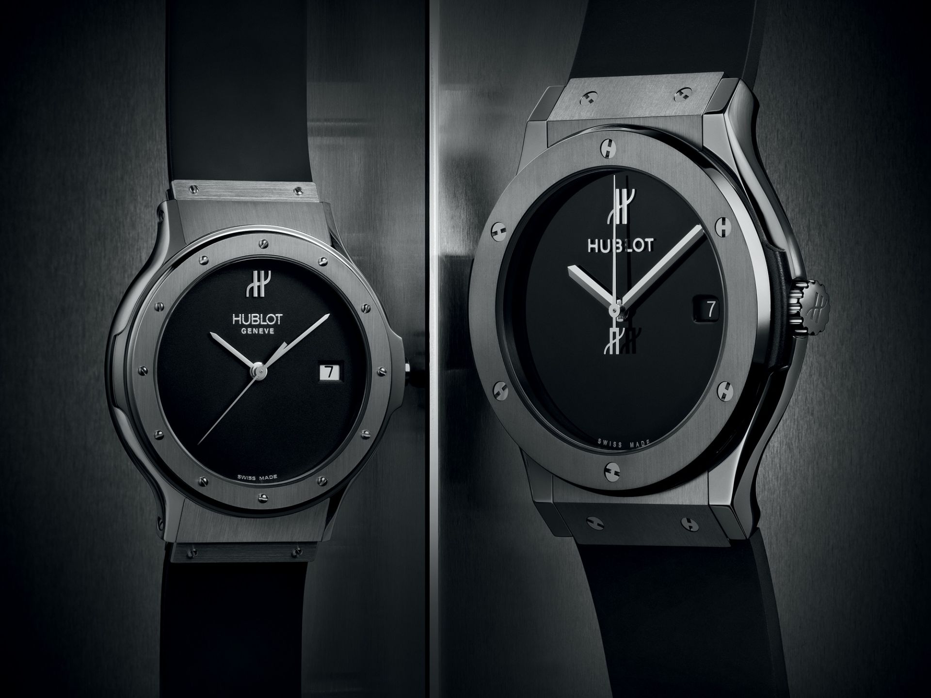 宇舶HUBLOT慶祝品牌創立40週年，推出Classic Fusion經典融合系列40週年紀念腕錶，圖為鈦金款（右）與1980年代原始錶款（左）的比較 。