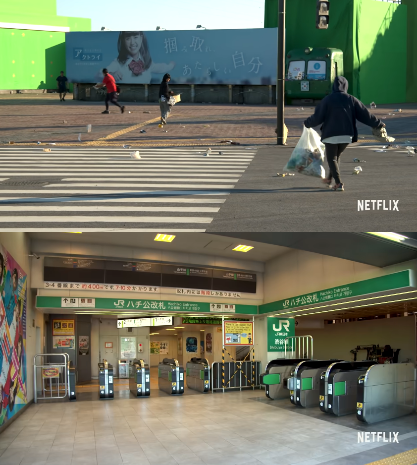 澀谷車站等細節都靠美術組人員細膩打造，連街道的垃圾（上圖）也不放過。（翻攝自Netflix Youtube畫面）