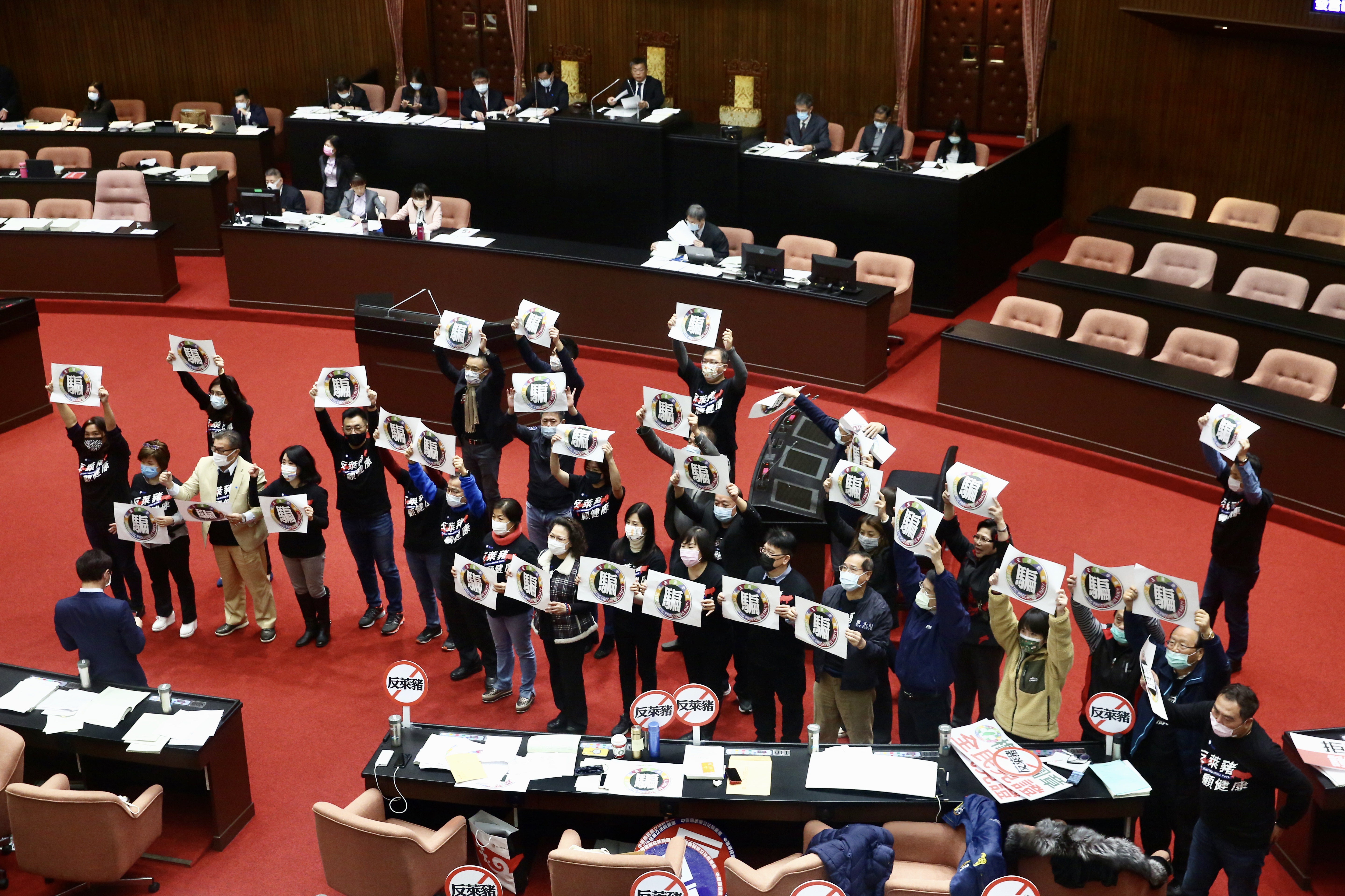 在關鍵條文表決被否決過後，國民黨立委高舉「騙」字標語。