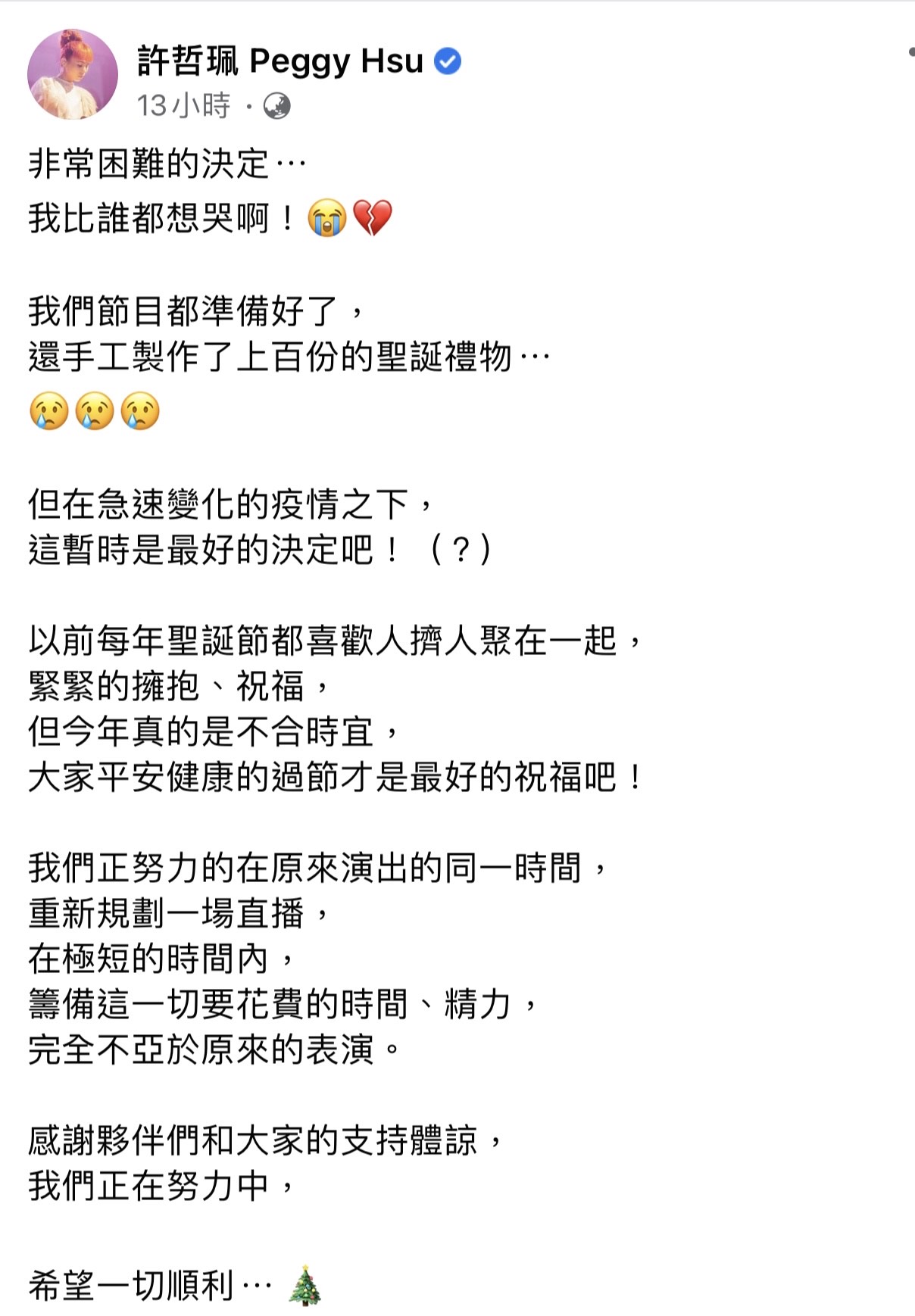 許哲珮在臉書發文取消演出,心情很糾結。(摘自許哲珮臉書)