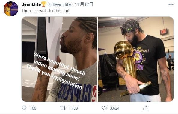 網友諷刺快艇隊球星Paul George(左)親吻PS5,右為湖人球星Anthony Davis。(翻攝twitter@BeanElite)