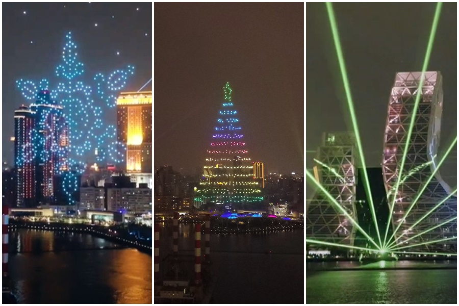 高雄「2021跨百光年」平安夜開幕，市長陳其邁宣布平安夜無人機展演再度登場。（翻攝自陳其邁、駁二藝術特區臉書）