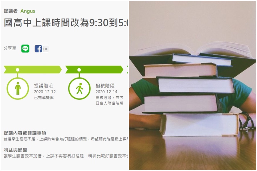 公共政策網路參與平臺上「國高中上課時間改為9:30到5:00」提案，引起關注。（翻攝公共政策網路參與平臺/Pixabay）