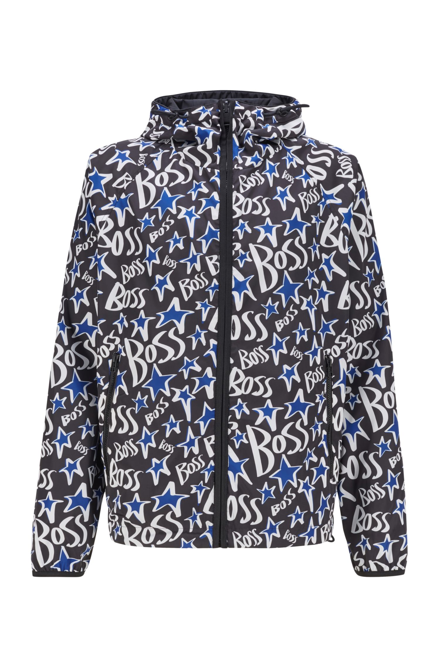BOSS x Justin Teodoro假日聯名系列黑色塗鴉雙面防水外套。NT$17,400（BOSS提供）