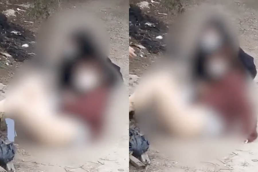 女學生發生翻牆意外，裙擺被勾住屁股蛋全被看光。（翻攝自《新浪廈門》）