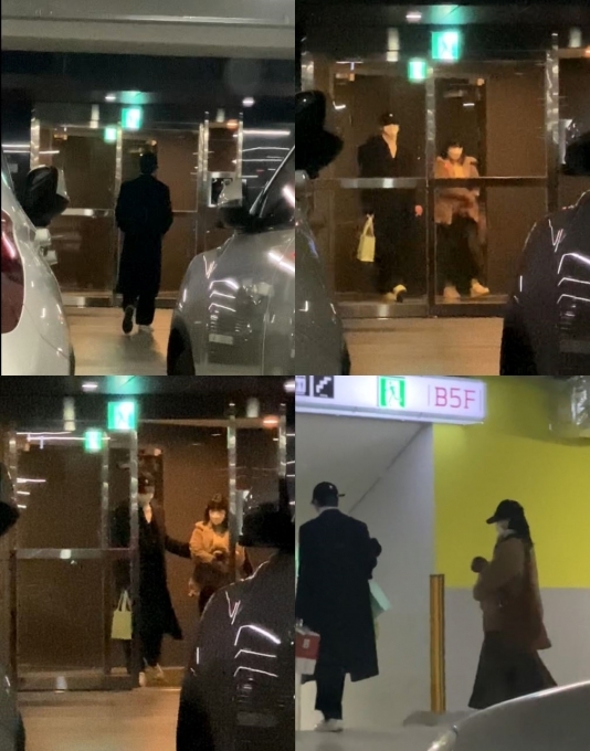 太妍(棕衣者)與RAVI(黑大衣者)在耶誕節約會被拍,但女方公司否認戀情。(翻攝自 《JOYNEWS24》 )