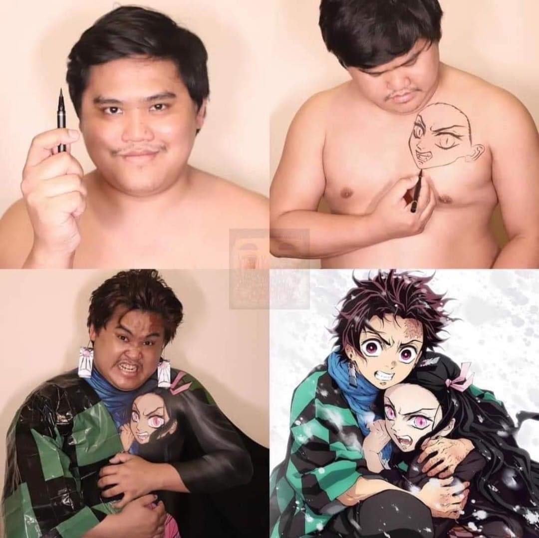 泰國網紅「Lowcostcosplay」一人分飾兩角,展現兄妹情誼,「禰豆子」變「禰豆奶」。(翻攝自Low Cost Cosplay臉書)
