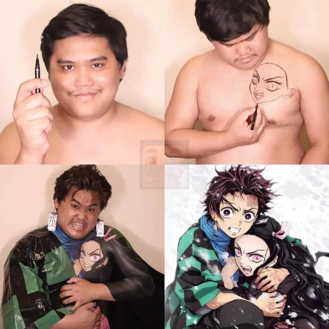 泰國網紅「Lowcostcosplay」一人分飾兩角,展現兄妹情誼,「禰豆子」變「禰豆奶」。(翻攝自Low Cost Cosplay臉書)