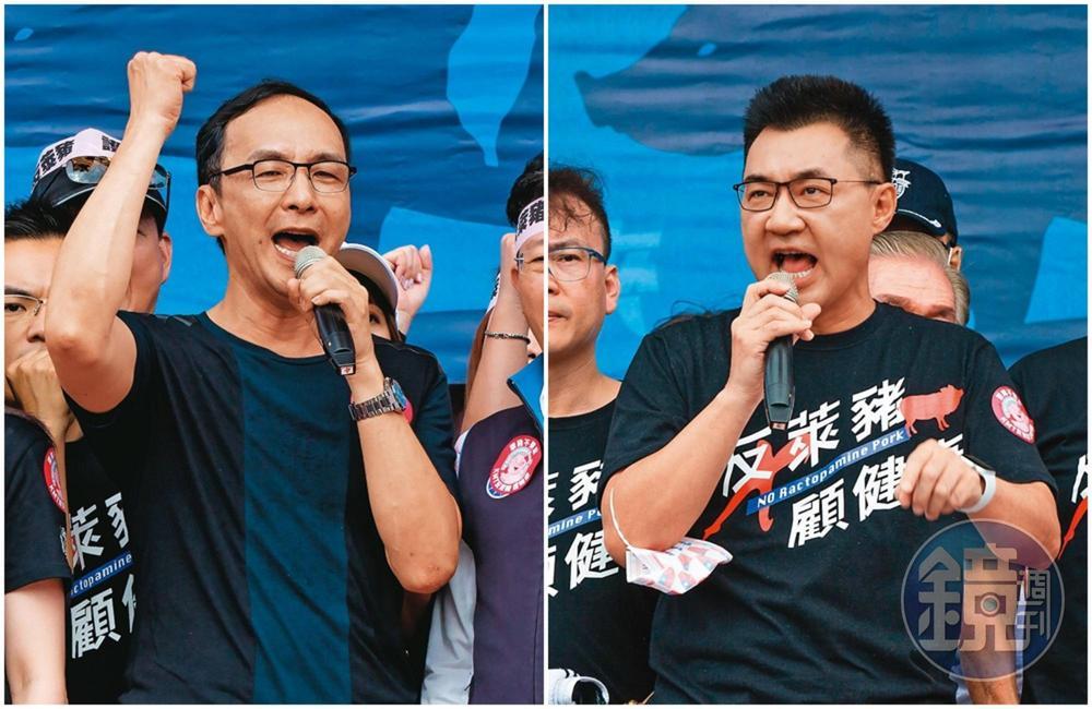 國民黨內部近日流出一份民調,朱立倫(左)獲多數一般民眾肯定,適合擔任黨主席。江啟臣(右)全力投入反萊豬議題,但沒想到在一般民眾心裡,支持度卻不及朱立倫。