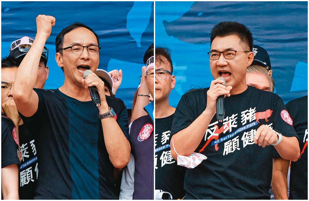 國民黨內部近日流出一份民調，朱立倫（左）獲多數一般民眾肯定，適合擔任黨主席。江啟臣（右）全力投入反萊豬議題，但沒想到在一般民眾心裡，支持度卻不及朱立倫。