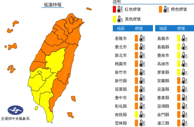 中央氣象局今（28日）發出首發低溫特報，直指週三起寒流迅速南下，各地氣溫明顯下降，甚至可能會出現10度以下溫度。（翻攝自中央氣象局）