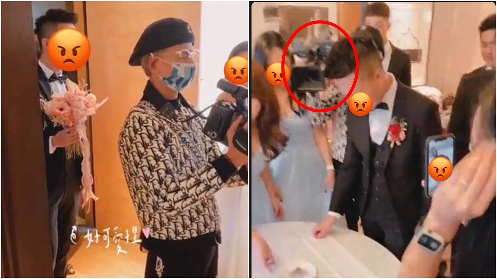 網友發文指控該名婚錄，不僅拍攝角度怪異，且還占賓客位置大啖桌菜、酒水。（翻攝自爆料公社）