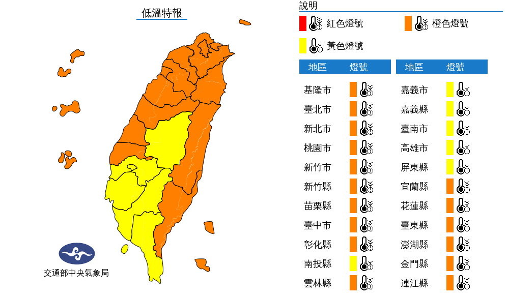 全台低溫特報,週三起劇烈降溫,提醒請民眾要做好保暖工作。(翻攝自氣象局)