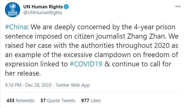 聯合國人權辦公室表示，他們深切關注此案，並呼籲盡速釋放張展。（翻攝自UN Human Rights推特）