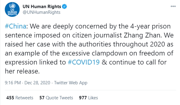 聯合國人權辦公室表示，他們深切關注此案，並呼籲盡速釋放張展。（翻攝自UN Human Rights推特）