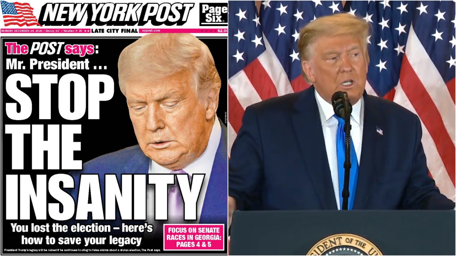 《紐約郵報》已封面專文向川普喊話：「總統先生，別鬧了，您已經輸了這場選舉。」（翻攝自《紐約郵報》／白宮YouTube）