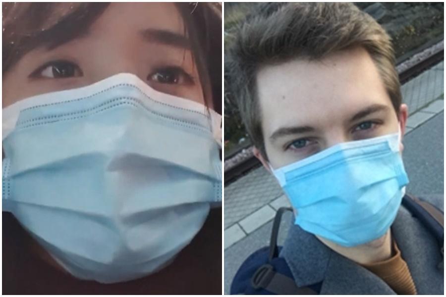企鵝妹與疑似乾爹的男子配戴同款口罩。(翻攝自企鵝妹YouTube頻道、遊戲大亂鬥論壇)