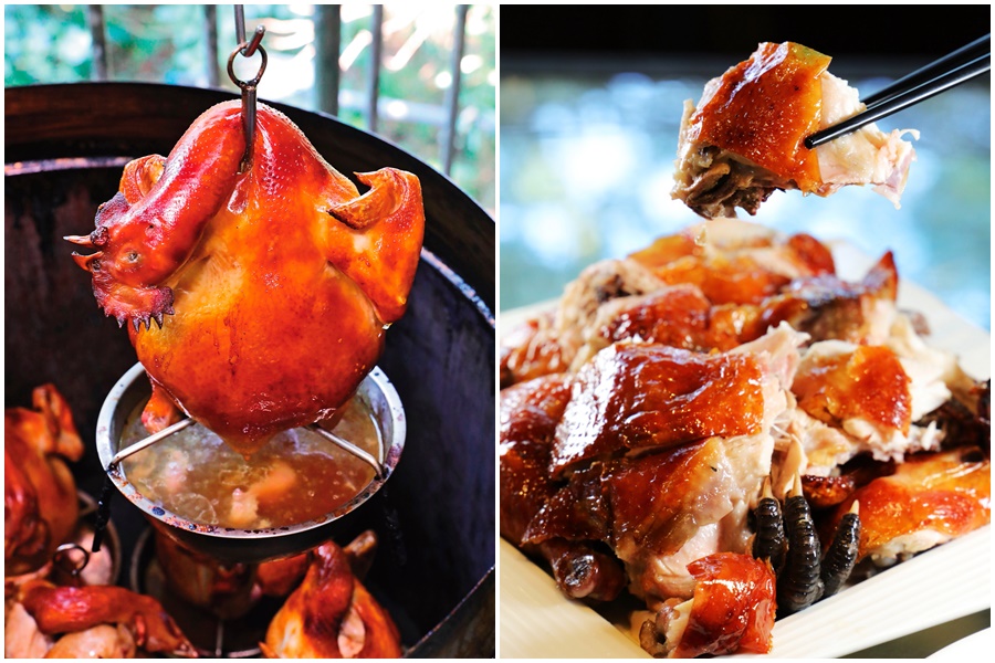 「岩頂自然休閒坊」招牌菜「黃金桶仔雞」選用2.5至3斤的黑羽母雞，慢火桶烤40分鐘至1小時，假日最好提前預約才吃得到。（600元／隻）