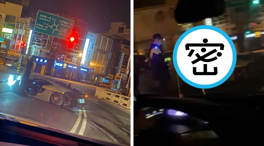 要價千萬的麥拉倫在台南市東門圓環自撞,現場照片被貼出。(翻攝自「台南爆料公社-台南最大社團」臉書)