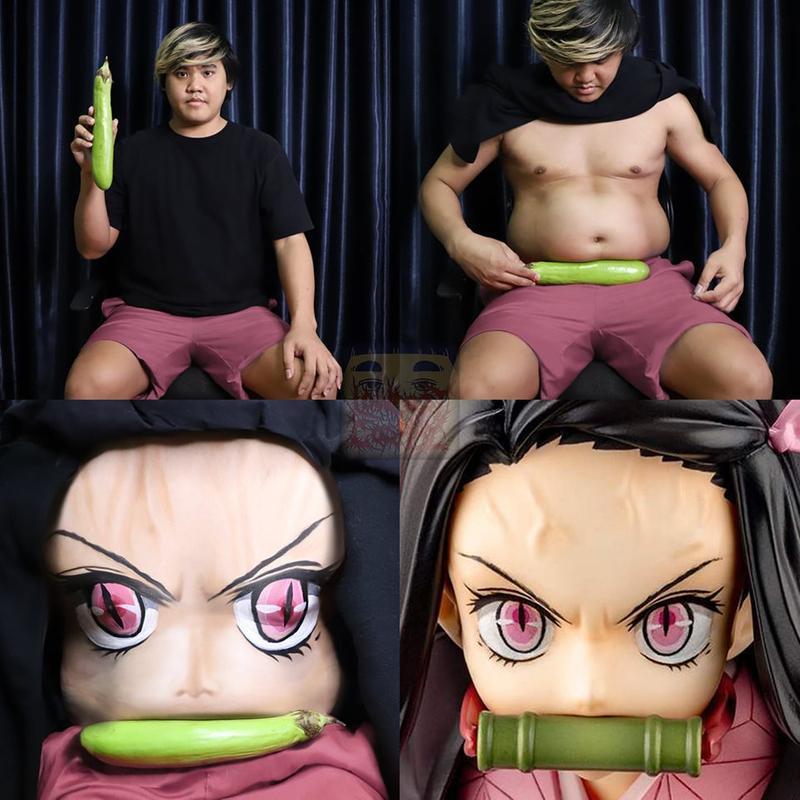 泰國網紅Low Cost Cosplay低成本扮禰豆子，用茄子代替了竹筒。台灣人可用竹筒飯吧？（翻攝自Low Cost Cosplay臉書）