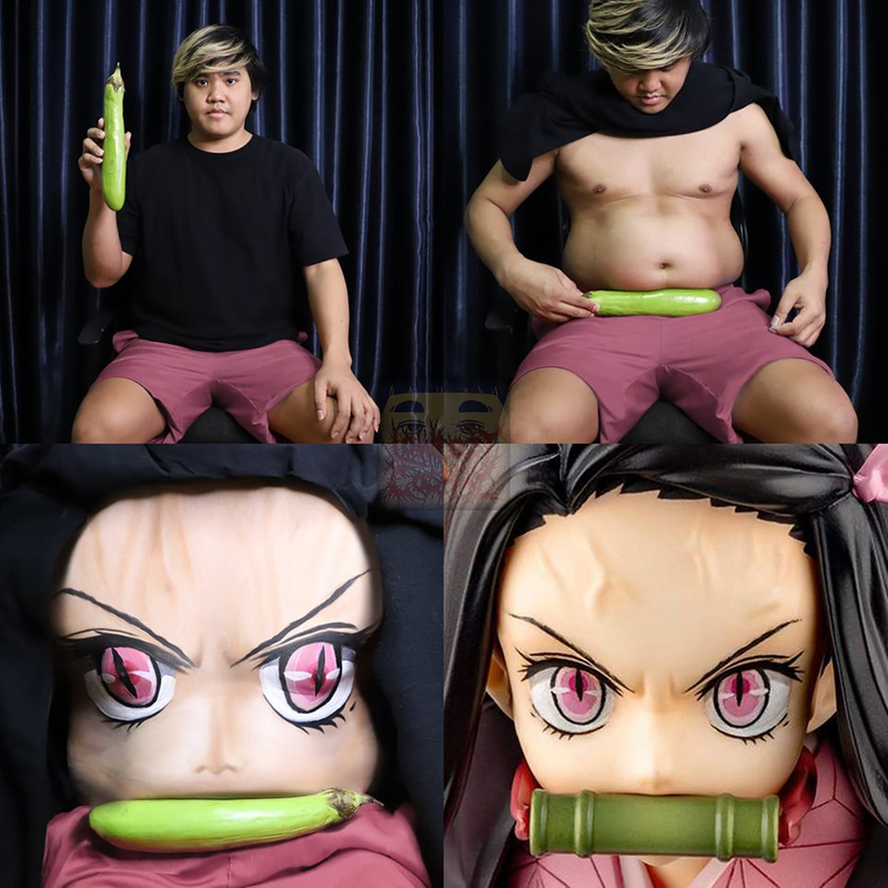 泰國網紅Low Cost Cosplay低成本扮禰豆子,用茄子代替了竹筒。台灣人可用竹筒飯吧?(翻攝自Low Cost Cosplay臉書)