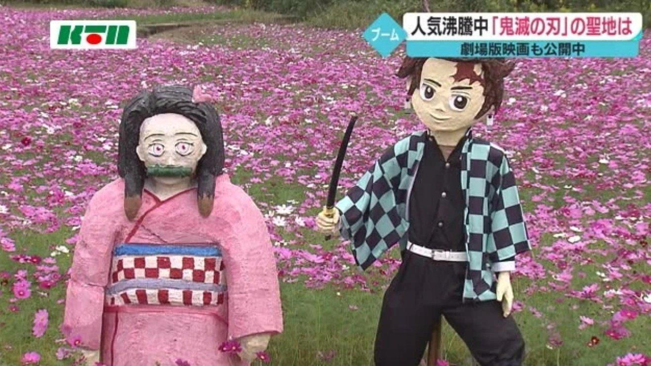 長崎縣平戸市田平町的花農布置了炭治郎、禰豆子兄妹稻草人，不過宋禰豆子的顏值讓人嚇壞了！（翻攝自長崎國際電視台）