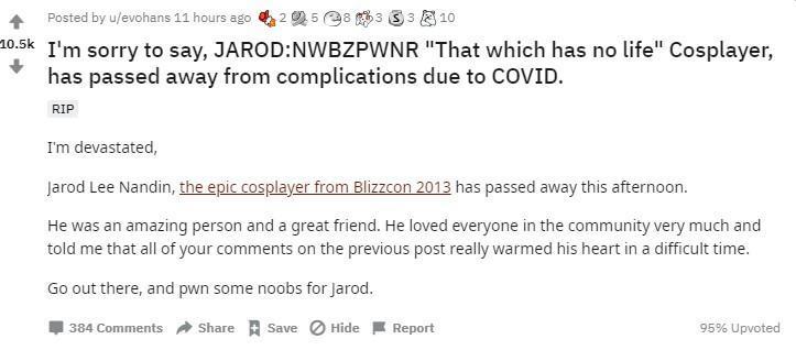 社群網站瘋傳Jarod Nandin因新冠肺炎不幸離世。（翻攝自Reddit）