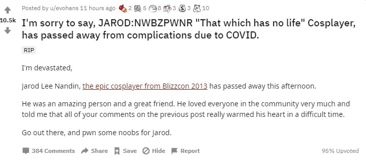 社群網站瘋傳Jarod Nandin因新冠肺炎不幸離世。（翻攝自Reddit）