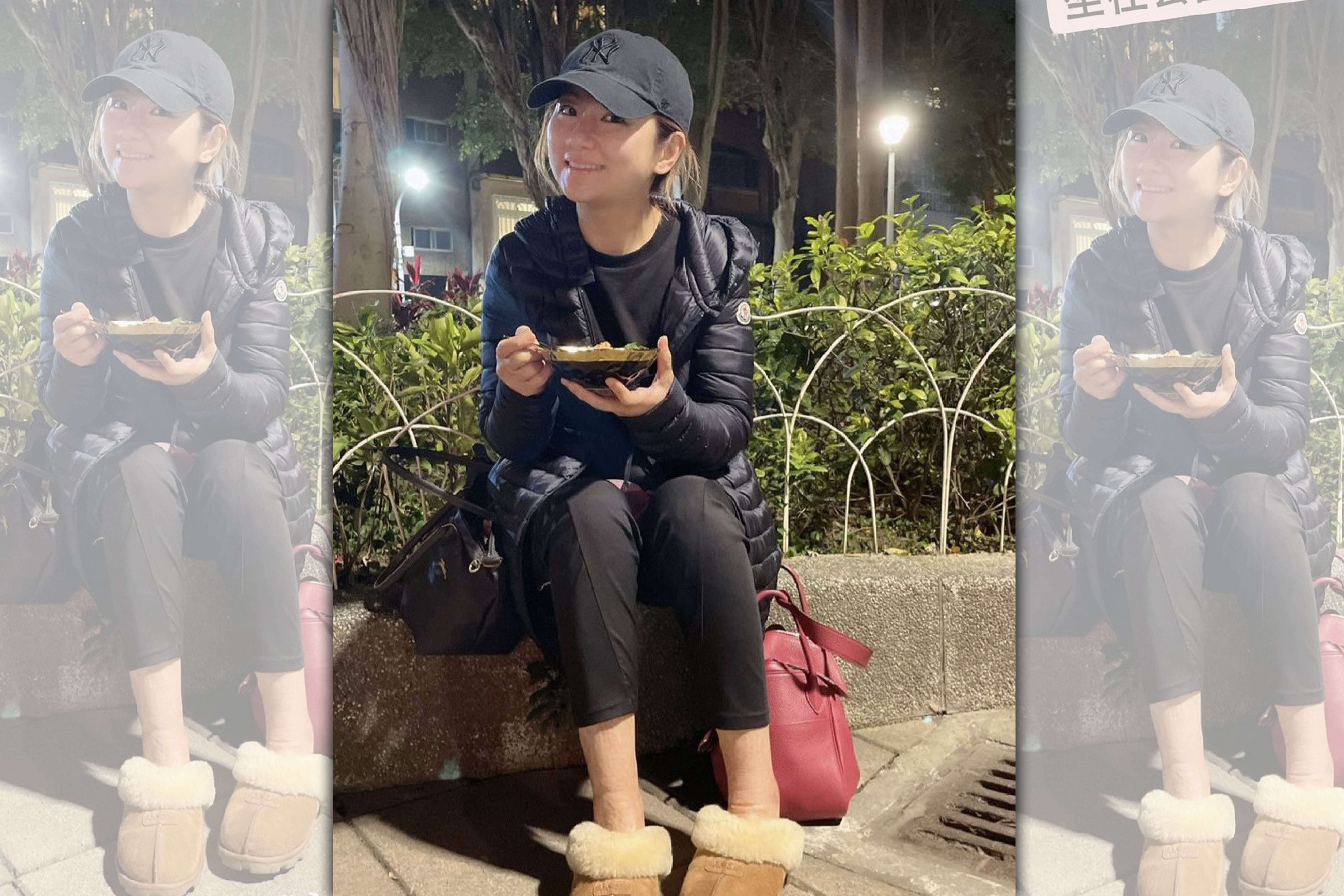 Selina學一般客人坐在公園吃豆花，行為舉止相當可愛。（翻攝自Selina IG）