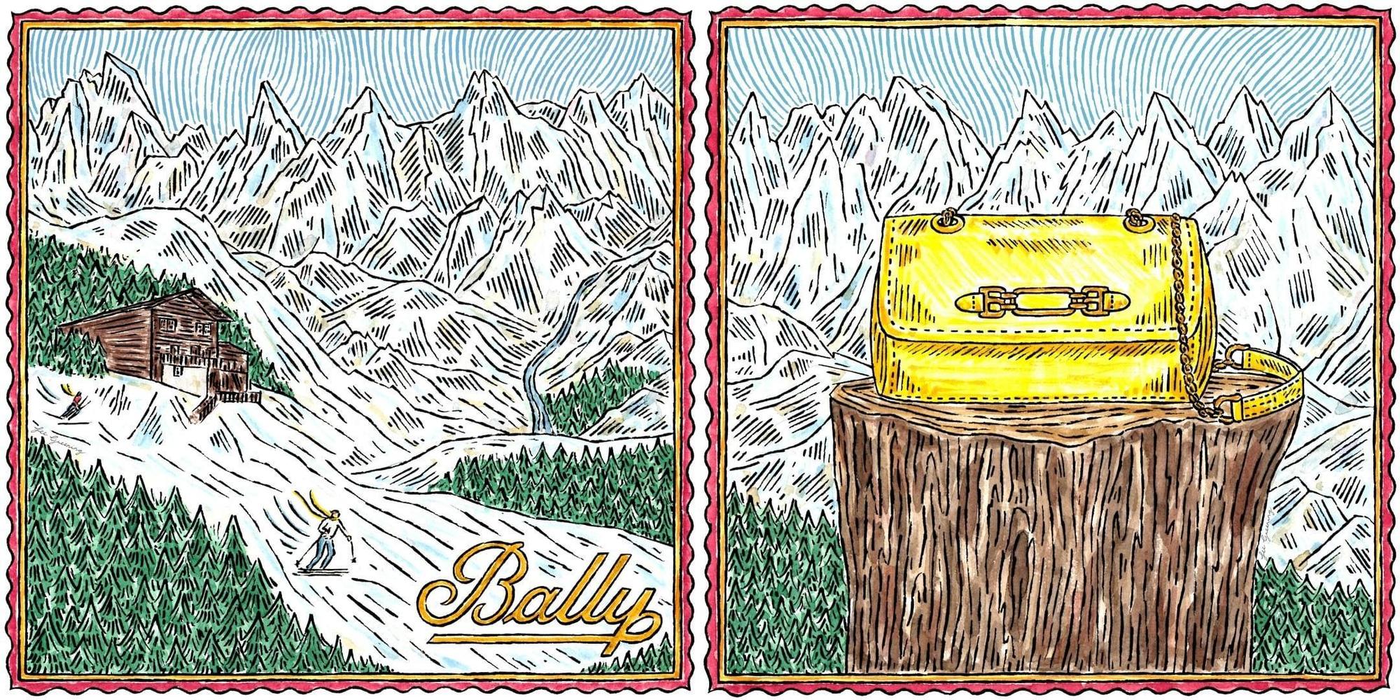 英國插畫家Fee greening替BALLY繪製專屬創作,以1851金屬配飾馬銜扣搭配皚皚白雪,傳達童話感的溫馨祝福。(美之心提供)