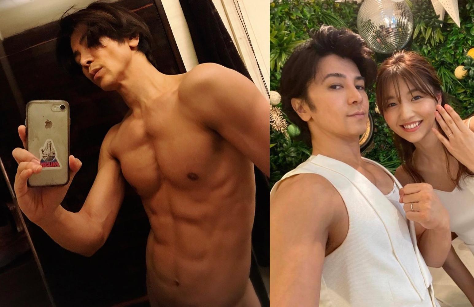 武田真治(左圖、右圖左)去年傳出父女婚,與小他22歲的靜麻美(右圖右)結婚。(翻攝自武田真治IG)