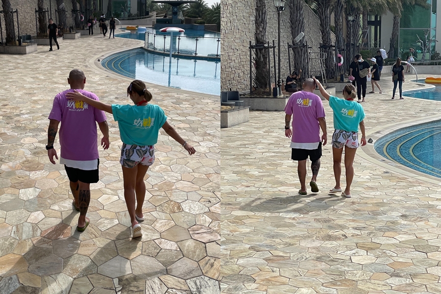 小嫻（右）和金剛（左）合體上節目《女人戰起來》，私下被側拍到親暱摸頭、搭肩等動作。（亞米娛樂提供）