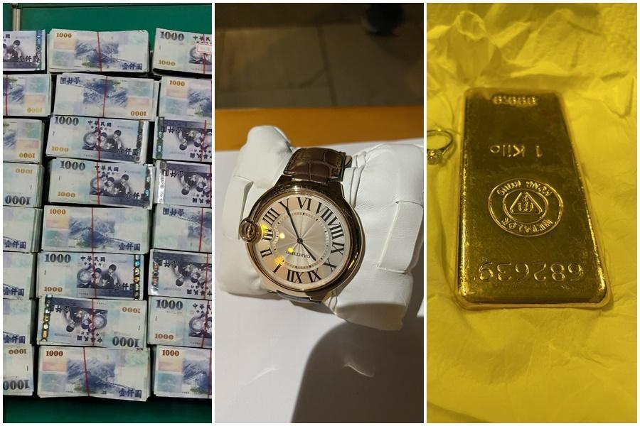 警方起獲醫美貴婦遭竊的現金、名錶及金塊。（翻攝畫面）
