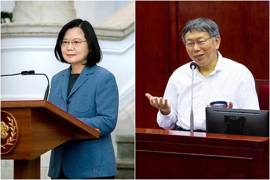 台北市長柯文哲表示聽總統蔡英文說話會起「雞母皮」，越聽越覺得「這裡癢、那裡癢」。（左圖總統府提供）