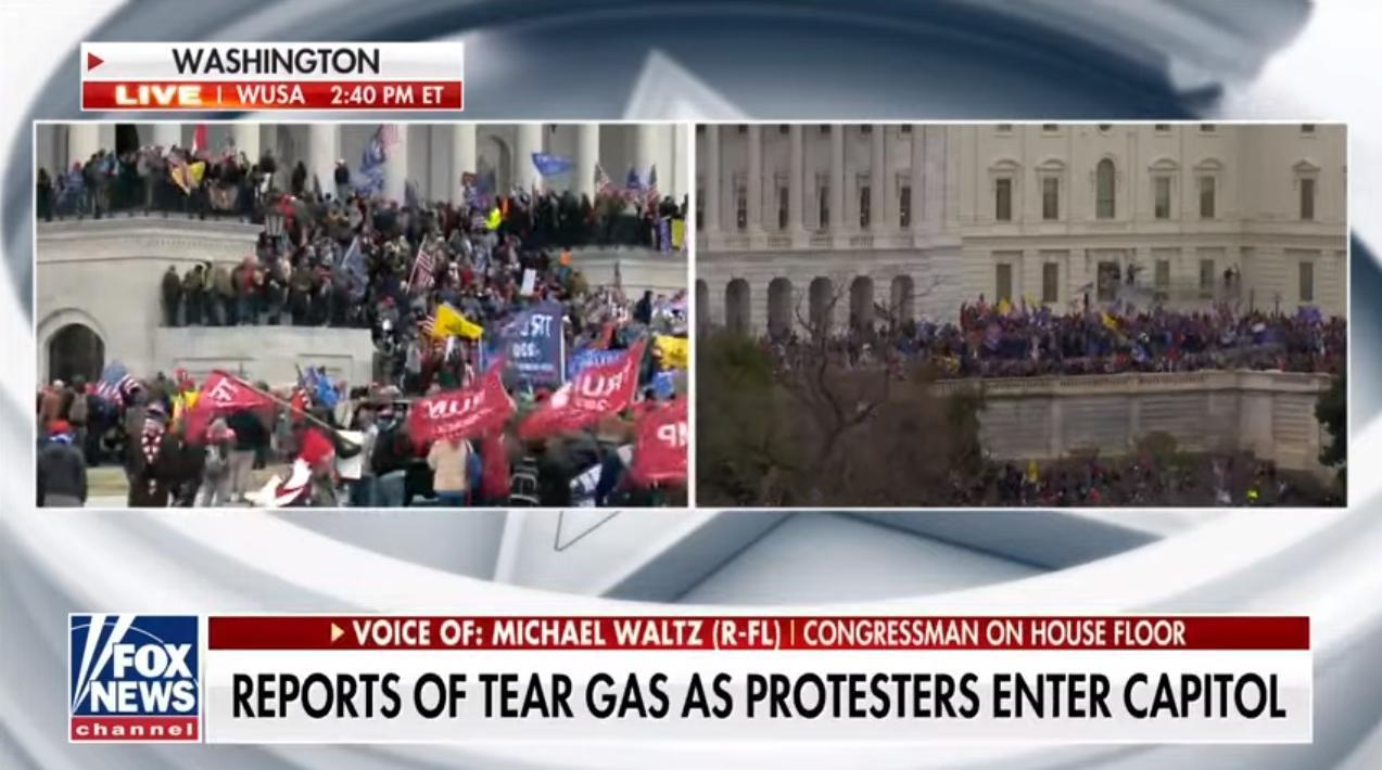 美國國會山莊發生暴動,國會聯席會議遭打斷。(翻攝Fox News)