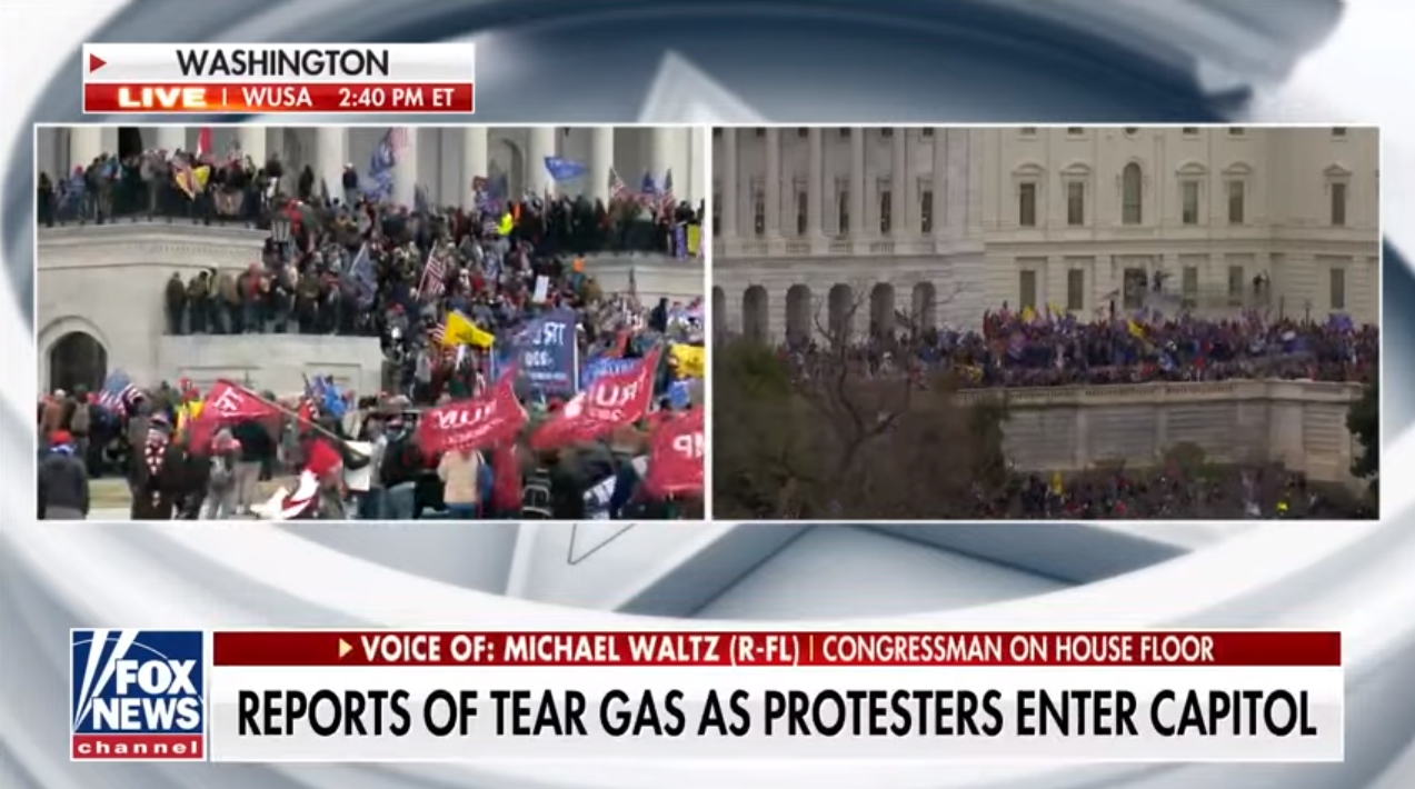 美國國會山莊發生暴動，國會聯席會議遭打斷。（翻攝Fox News）