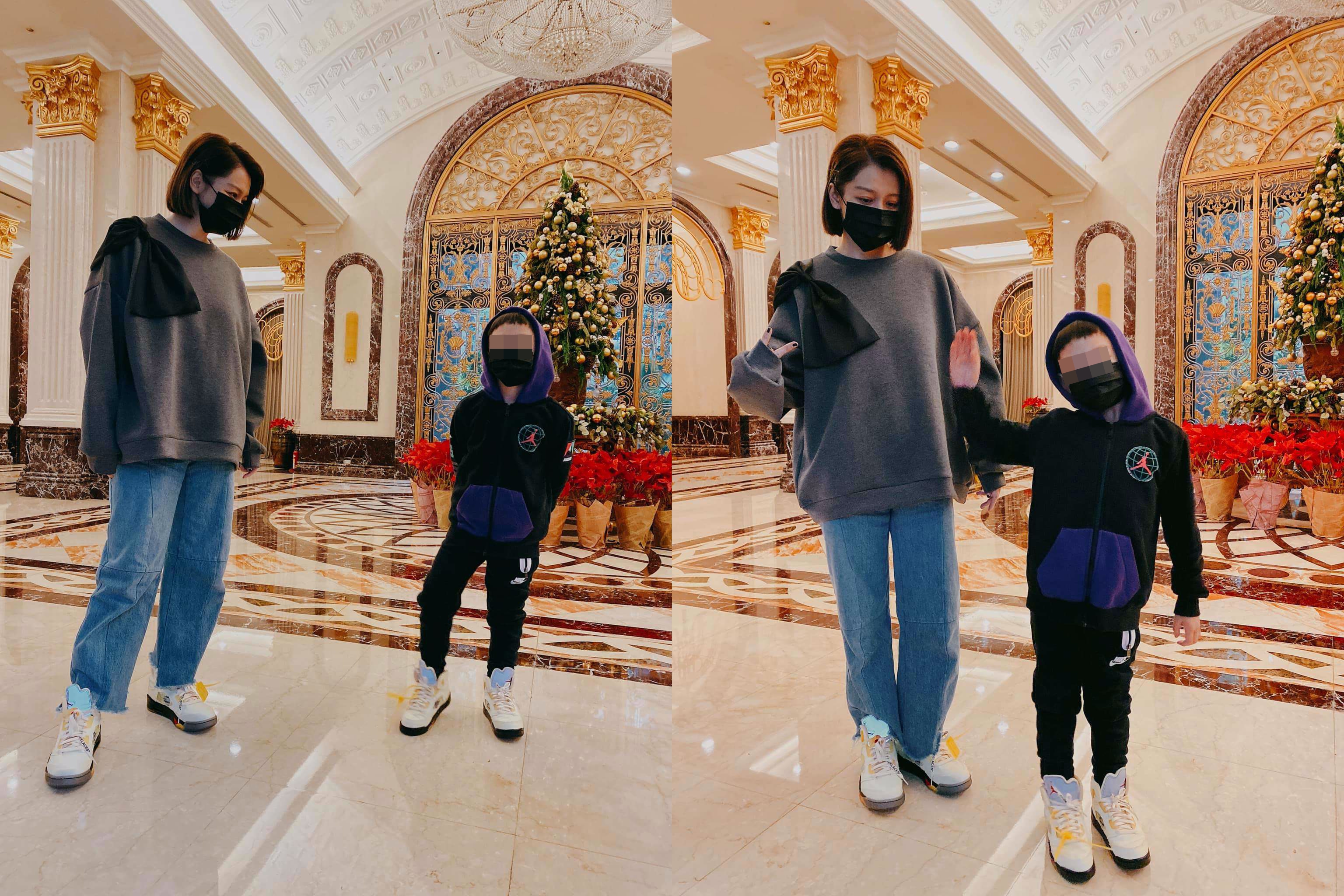 徐若瑄與兒子曬同款潮鞋，說兒子很快就會比她高了。（翻攝自徐若瑄臉書）