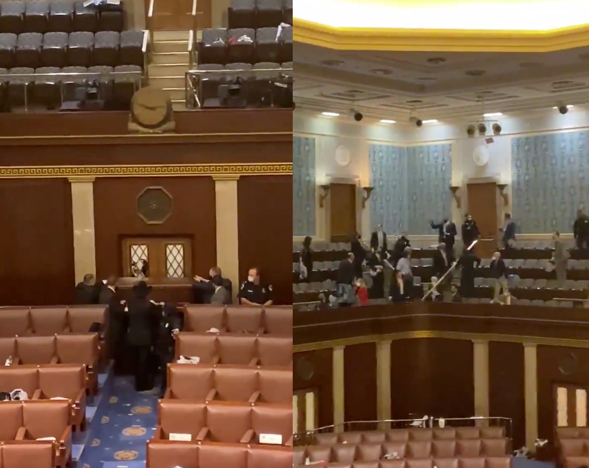 美國川粉試圖闖會場遭警員持槍射傷身亡，目前事件落幕國會重啟票選認證。（翻攝自medyaadami推特）