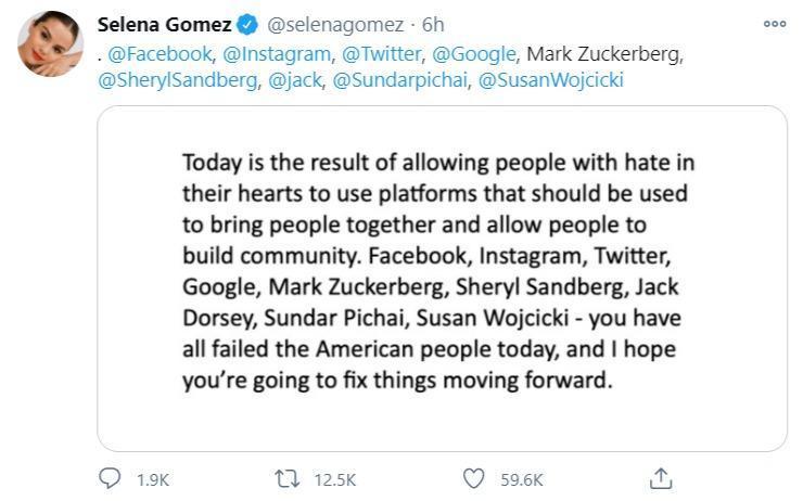 席琳娜標註各大社群平台的CEO,認為他們令美國人失望。(翻攝Selena Gomez推特)