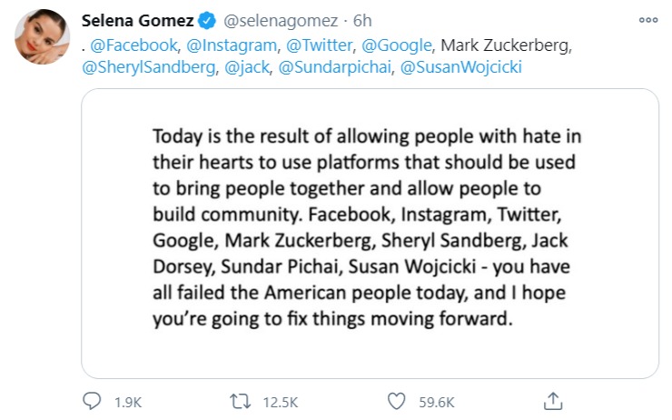 席琳娜標註各大社群平台的CEO，認為他們令美國人失望。（翻攝Selena Gomez推特）