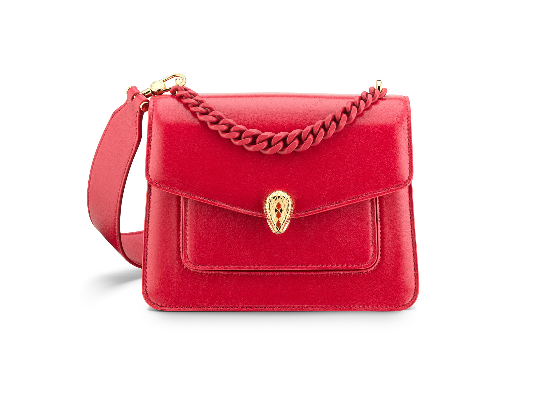 Serpenti Forever Maxi Chain紅石榴石色小羊皮肩背包。NT$87,100。（寶格麗提供）