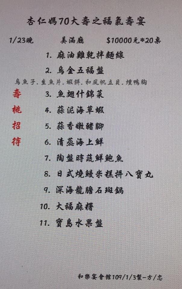 杏仁哥母親70歲壽宴預計席開20桌,總共11道菜,每桌要價1萬元。(翻攝自杏仁哥臉書)