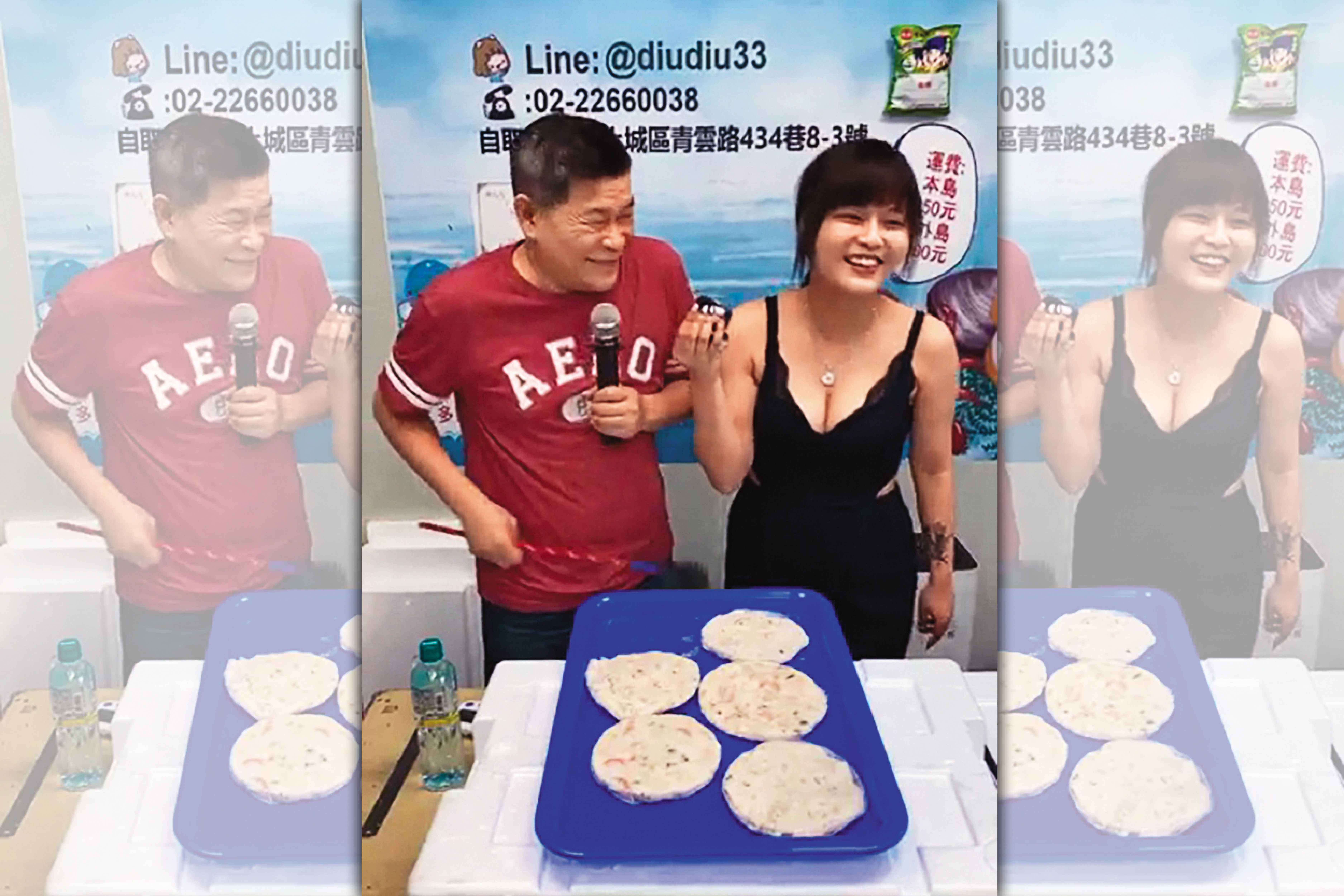 直播平台網紅丟丟妹（右）賣海鮮爆紅，曾找久債2億多元的澎恰恰（左）來直播平台一起叫賣。（翻攝自澎恰恰的大鼻峒臉書）